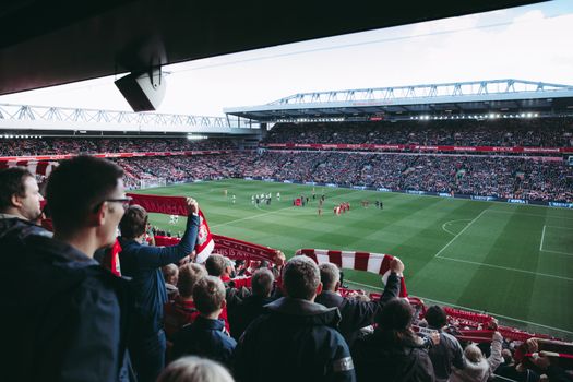 Ajax-supporters volgen een topwedstrijd in Alkmaar met sjaals en schermen in een sportcafé